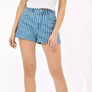 NWT American Eagle Women's Size 2 Striped Mom Denim Shorts Blue Cotton Stretch